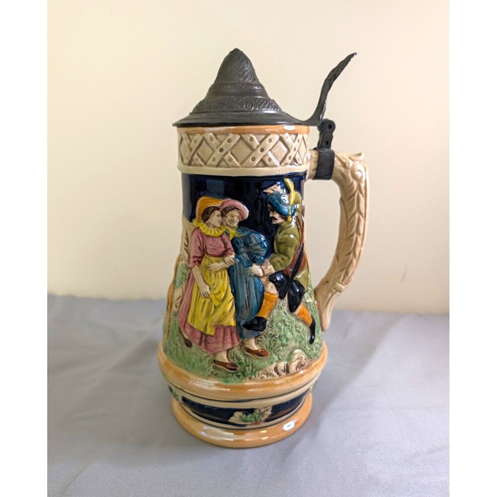 German Style Lidded Beer Stein w/ Hinged Pewter-Tone Lid, Hunter Deer Relief